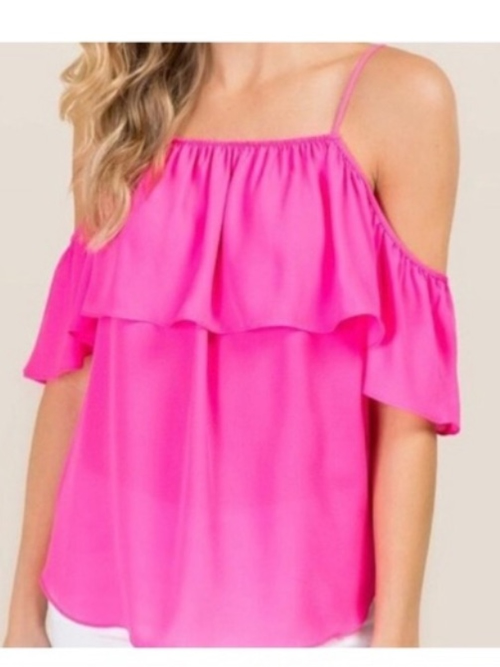 Blue rain Francesca’s hot pink cold shoulder ruffle blouse top